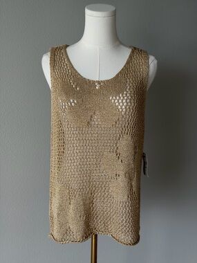 Coutureve Paris Open Mesh Knit Metallic Floral Tank Top in Gold & Beige-One Size